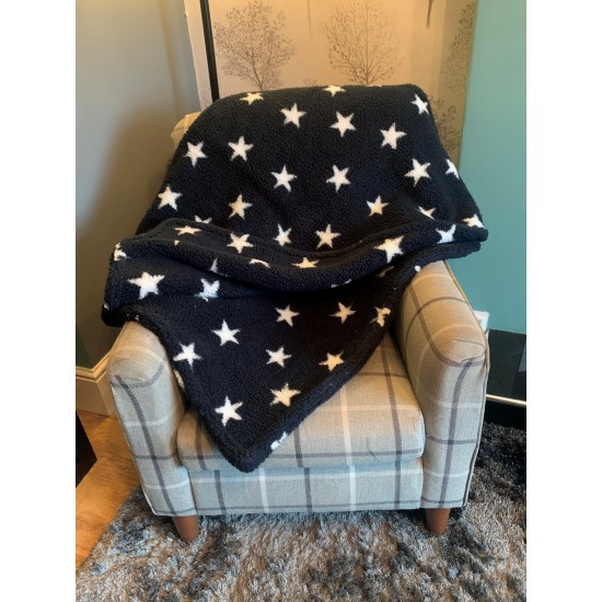 Deluxe Sherpa Fleece Lap Blanket - DOUBLE LAYERED - Blue with White Stars