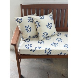 3ft Clearance Bench Set with Side Pillows - Cream with Blue Leaf Print