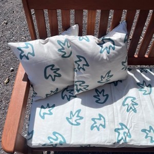 3ft Clearance Bench Set with Side Pillows - Cream with Green Leaf Print