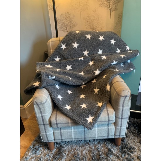 Deluxe Sherpa Fleece Lap Blanket - DOUBLE LAYERED - Grey with White Stars