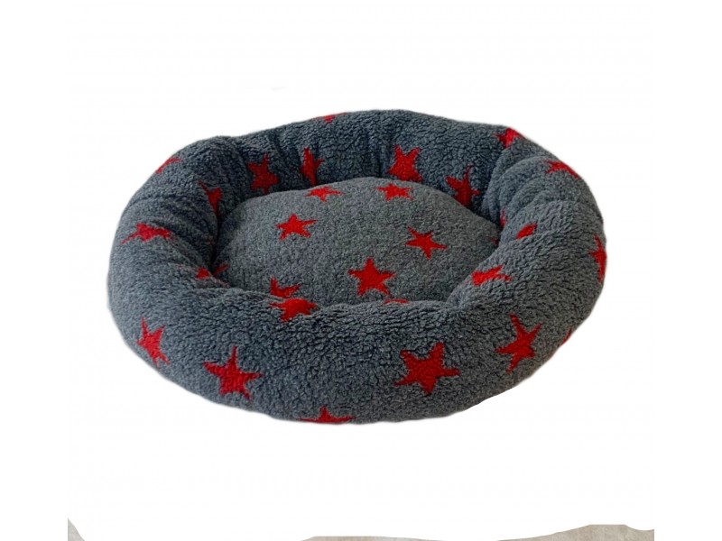 Donut Snuggle Bed - Anti Anxiety Calming Dog Bed - Grey / Red Stars