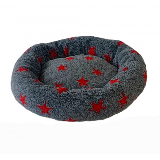 Donut Snuggle Bed - Anti Anxiety Calming Dog Bed - Grey / Red Stars